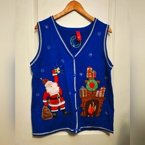 Women's Christmas Vest Cardigan Size L Blue W/ Santa Ugly Sweater